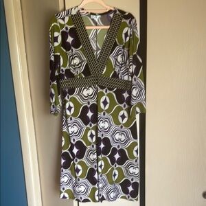 Enfocus Studio Green and Purple Sheath Dress with V-Neck and Bishop Sleeves